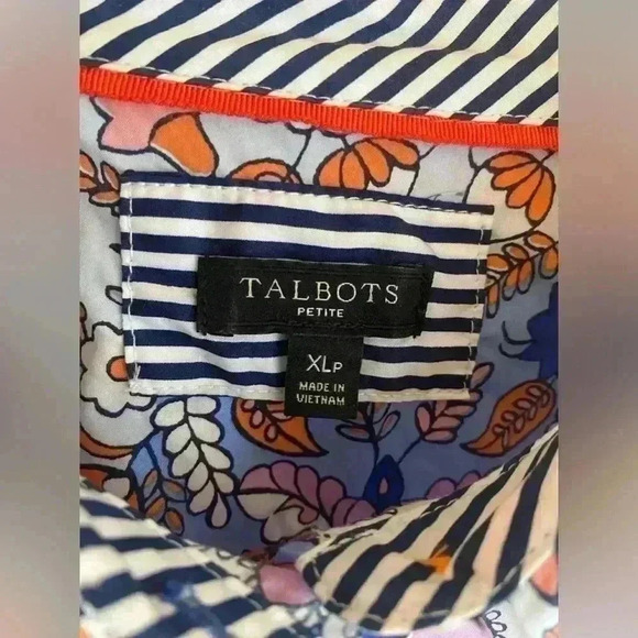 Talbots XLP Classic Cotton Shirt Royal Palm Paisley Orange Blue Button Down Up - Picture 4 of 8